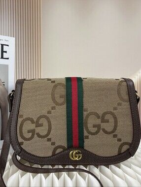 Brown Canvas Crossbody Bag with Green-Red Stripe